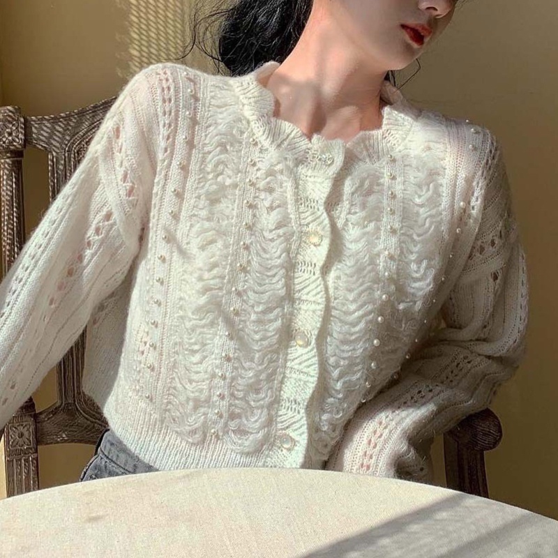 Áo Khoác Cardigan Dệt Kim Tay Dài Đính Nút Thêu Hoa Dễ Thương Cho Nữ