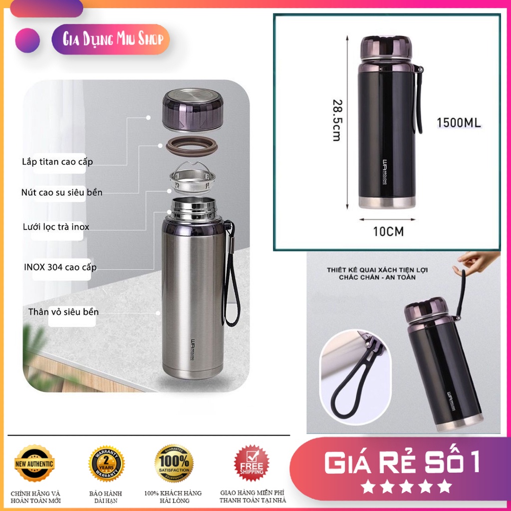 Miu Store Bình Nước Giữ Nhiệt GLAMO HOME Chất Liệu Inox 304 Cao Cấp 1,5L - Bình giữ nhiệt Kim Cương 1500ml