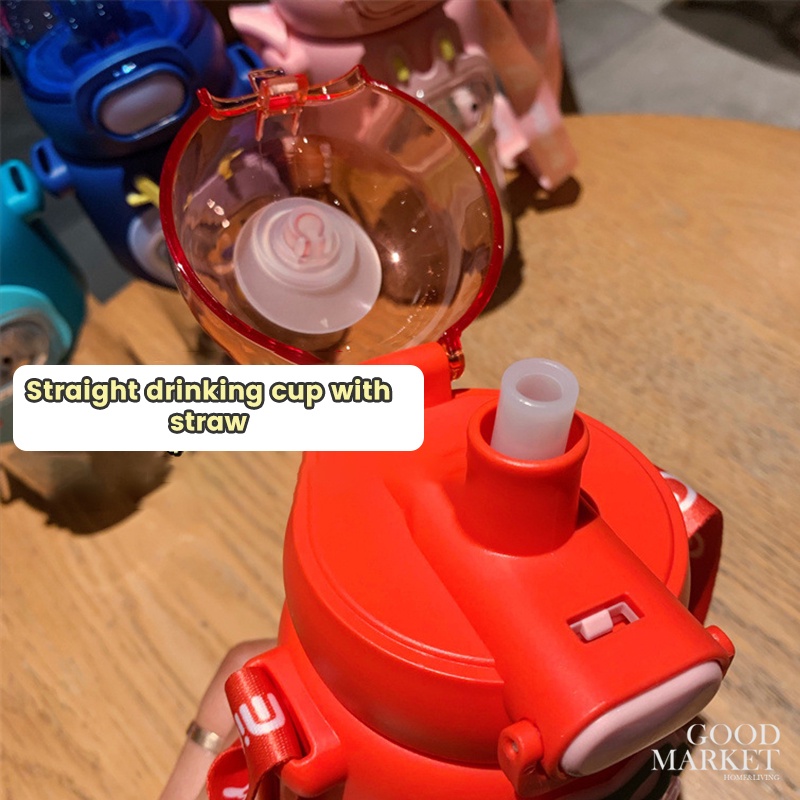 Bình Nước Nhựa Cao Cấp 600ml Có Ống Hút Và Dây Đeo Họa Tiết Hoạt Hình Cho Bé