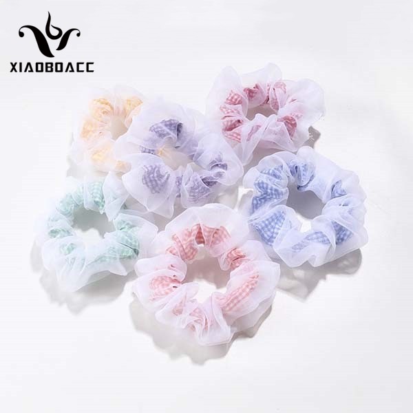 XiaoboACC Dây Buộc Tóc Bọc Vải Gạc Họa Tiết Lưới Màu Kẹo Thời Trang Hàn Quốc