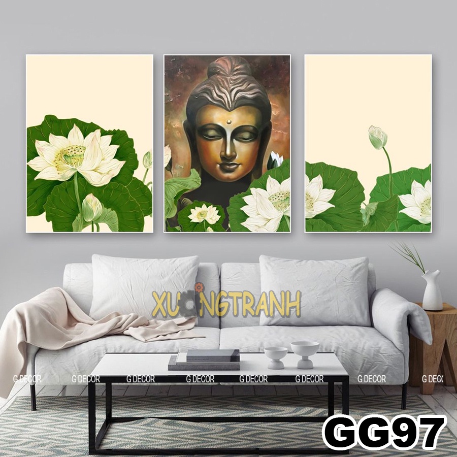 Tranh treo tường canvas 3 bức phong cách Bắc Âu 04, tranh hoa sen trang trí phòng thờ, phòng khách, phòng ngủ, spa