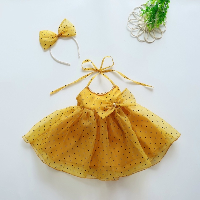 Váy yếm công chúa bi vàng đính ngọc cổ siêu xinh cho bé