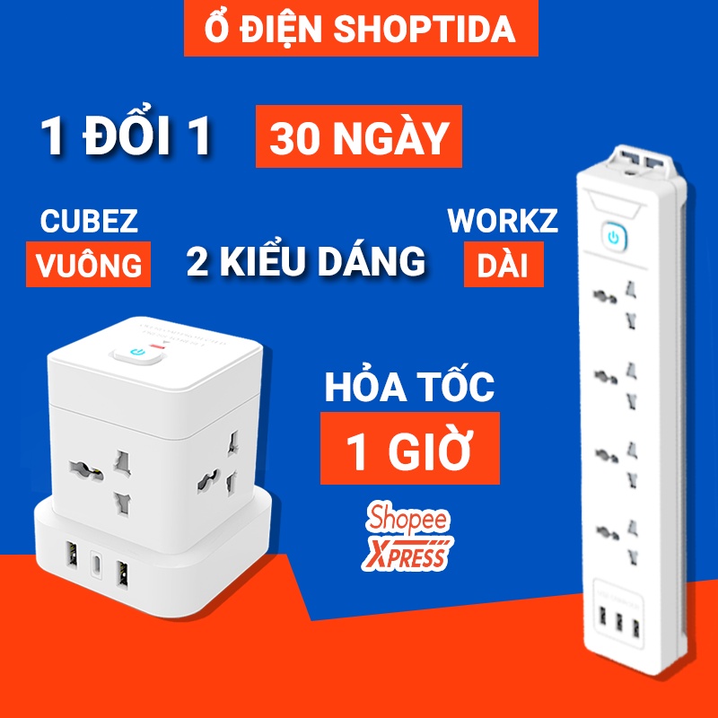 Ổ Điện Đa Năng USB SHOPTIDA Chịu Tải 2500W CUBEZ/ WORKZ/ K6, An Toàn Chống Cháy Chống Giật, Dây Dài 1.6 và 2.4m