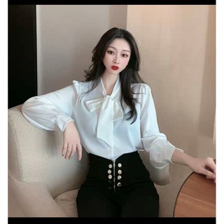 Áo sơ mi lụa cổ nơ tay bồng công sở