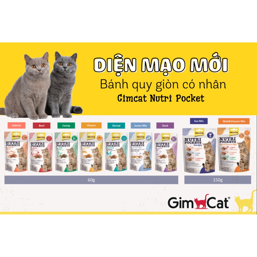 Bánh thưởng mèo Gimcat quy giòn có nhân 60gr 150g, nhiều công dụng nutri pockets tabs mix vị Con Mèo Xiêm