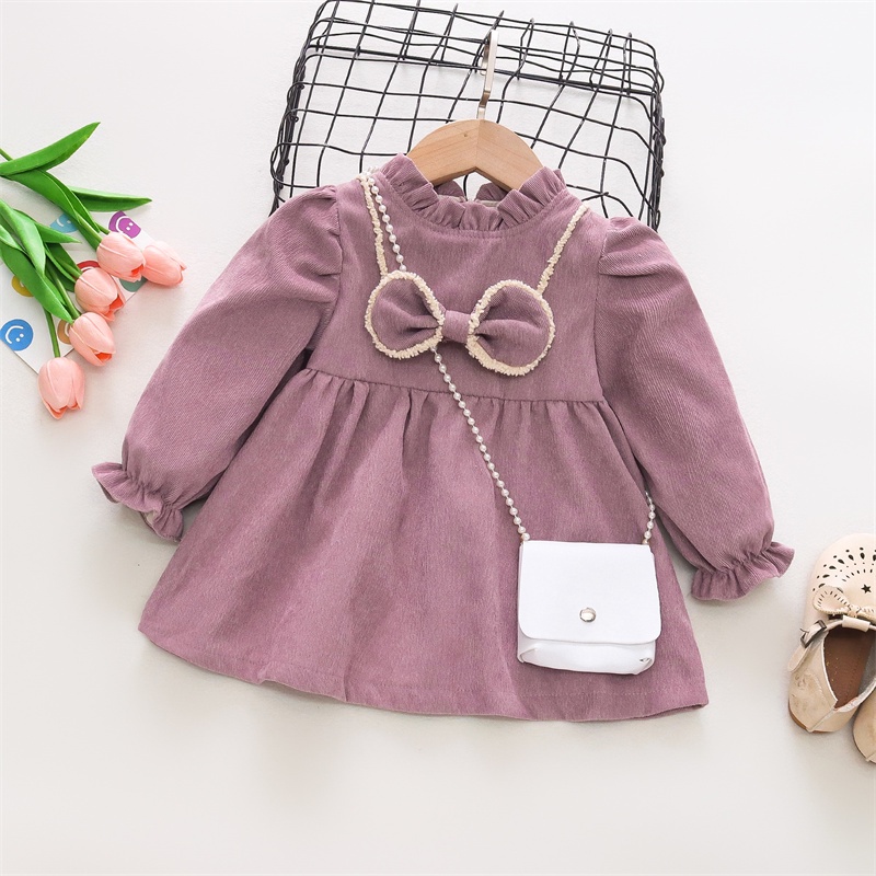 Set Đầm Cổ Đứng Tay Dài Phối Bèo Màu Trơn Phong Cách Hàn Quốc Thời Trang Xuân Thu Cho Bé Gái 0-3 Tuổi