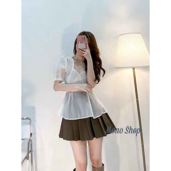 Áo voan lụa peplum 2 màu trắng nude tay phồng chất mịn Ảnh thật/ sẵn