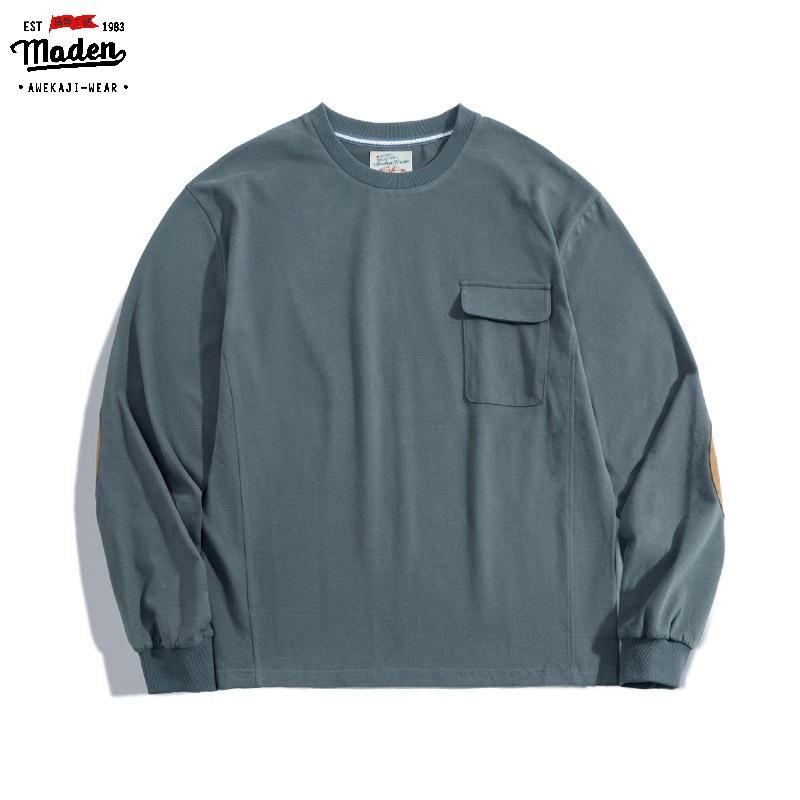 Áo thun sweater Maden tay dài cổ tròn bằng cotton thiết kế vá phong cách Nhật trẻ trung cổ điển cho nam