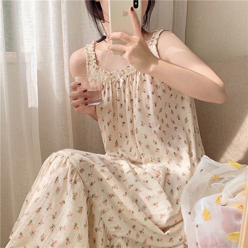 [Hàng có sẵn ] Váy ngủ 2 dây hoạ tiết hoa nhí 2021