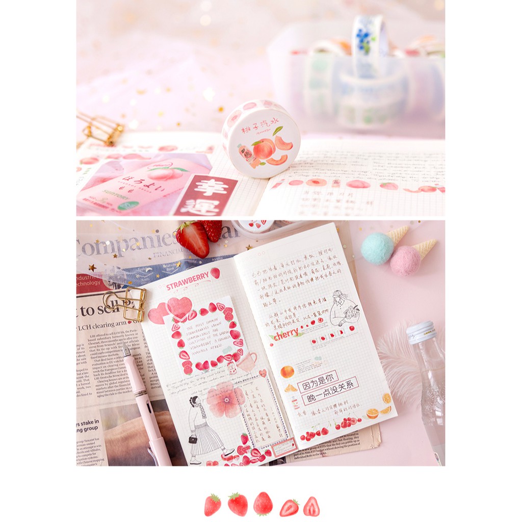 Băng keo washi tape trái cây đáng yêu trang trí sổ tay planner/ sticker đào cam soda dâu nho