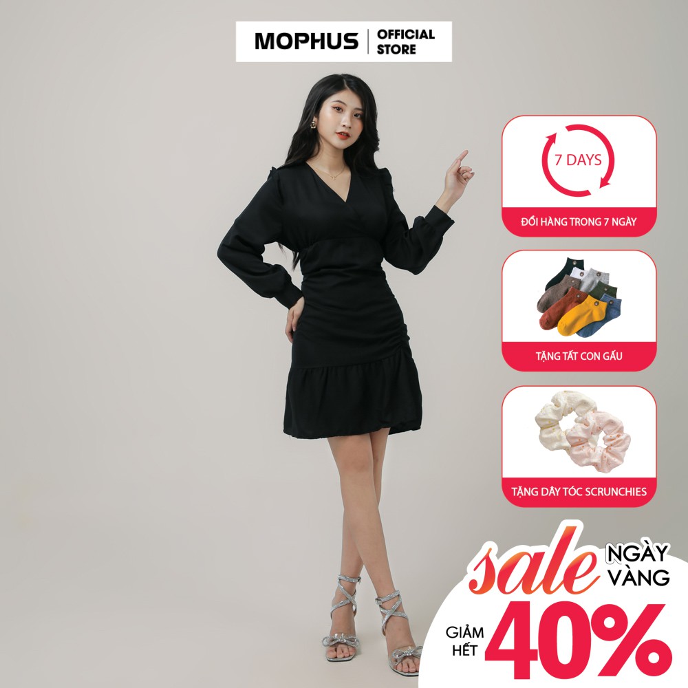 Đầm nữ dáng chữ A nhún eo và tay màu đen, trắng thanh lịch Mophus MV005