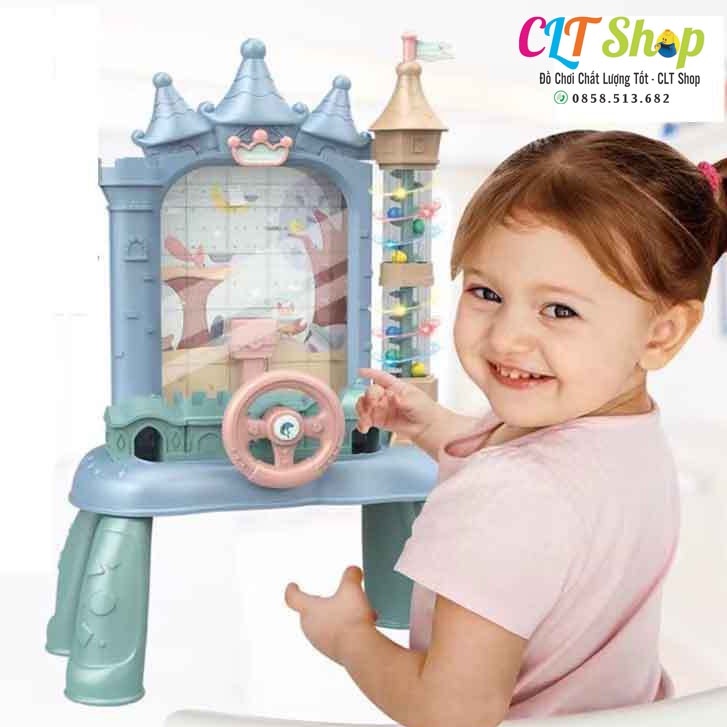 Đồ chơi máy bắt hạt đậu hình lâu đài kèm vô lăng có đèn và nhạc, máy hứng hạt đậu, bắt bi giáo dục sớm cho bé