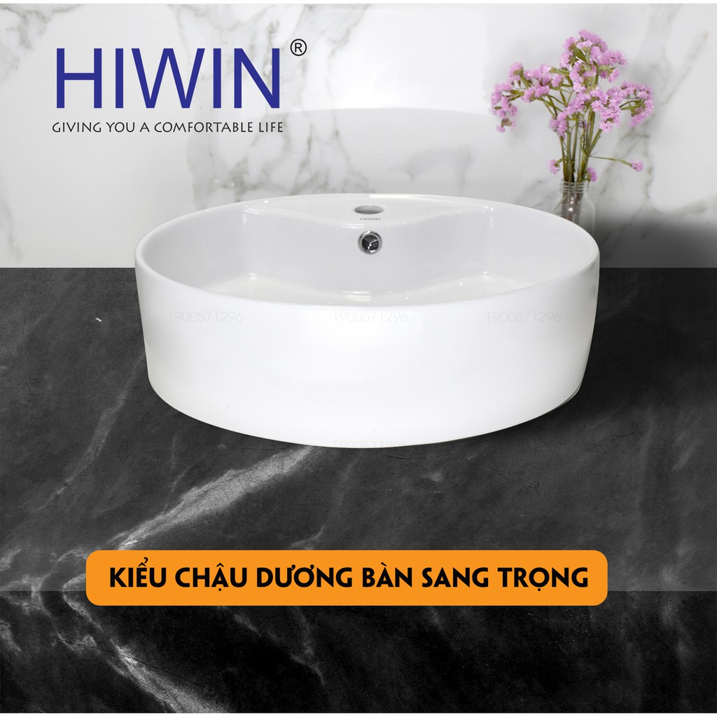 Chậu rửa mặt lavabo tròn trắng sứ cao cấp kích thước 510*425*150mm Hiwin LP-8085