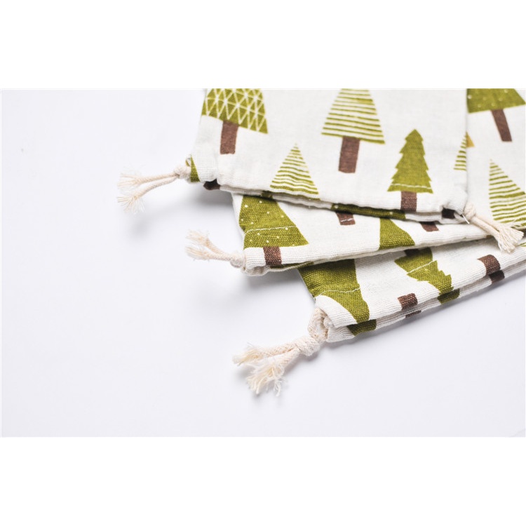 Túi dây rút vải lanh cotton in hình cây thông Noel