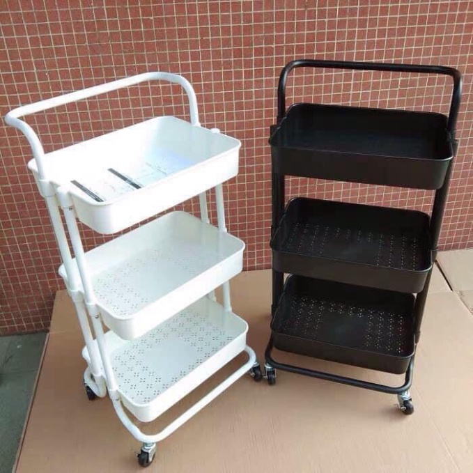 Xe đẩy gỗ 3 tầng có bánh xe, có ngăn kéo