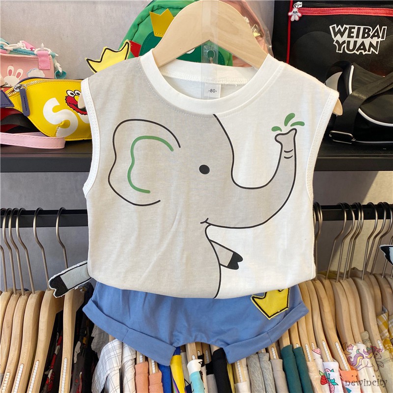 Bộ áo thun sát nách in họa tiết chú voi + quần short thời trang cho bé trai