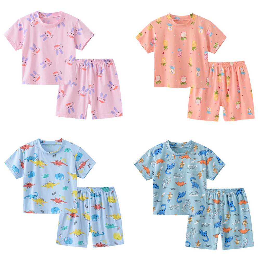 Baby Sleepwear Girl Pajamas Thin Breathable Cotton Short Sleeve Pink Cute Rabbit Kids Boy Pyjamas Homewear