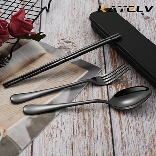 KATELV Bộ dụng cụ ăn 3 trong 1 bằng thép không gỉ màu đen tiện dụng mang theo du lịch