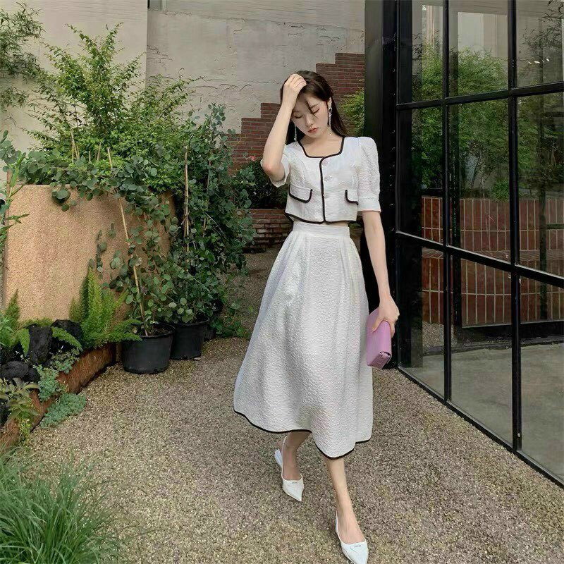 Sét đồ 2 món viền né cài nút thật kèm chân váy xòe dài dễ thương fashionzero - 80224