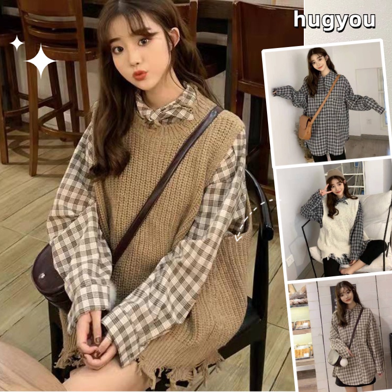 Bộ áo sơ mi tay dài kẻ sọc + áo khoác len không tay phong cách Hàn Quốc hợp thời trang cho nữ