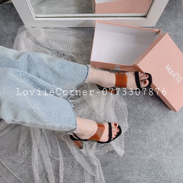 LOVIIECORNER- GIÀY SANDAL CAO GÓT QUAI MẢNH PHỐI QUAI TRONG - SANDAL CAO GÓT 9 PHÂN GÓT TRONG SUỐT MÀU TRÀ - G191277