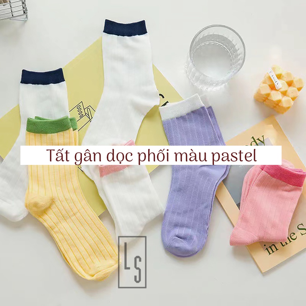 Tất Trơn Gân Màu Pastel - Vớ Cổ Trung Pastel Phối Màu