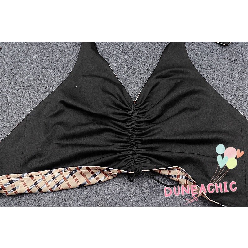 Áo Croptop Hai Dây Hở Lưng Họa Tiết Sọc Caro Phong Cách Quyến Rũ