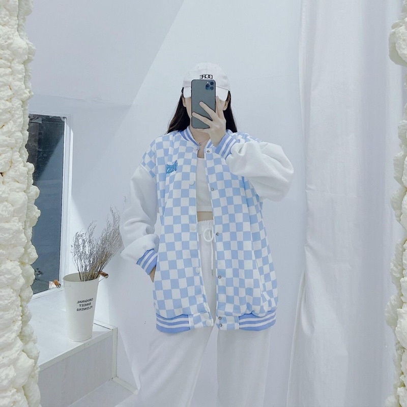 Áo Bomber Nỉ Bông Unisex Caro Thêu Chữ Ảnh Thật