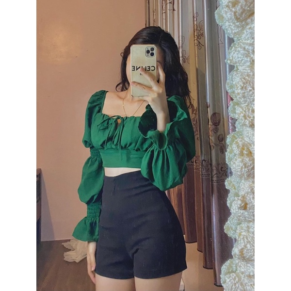 Áo Sơ Mi Cổ Vuông Chun Tay Bồng Tiểu Thư Sang Chảnh Đi Học Đi Làm Đi Chơi Màu Xanh Hottrend 2022