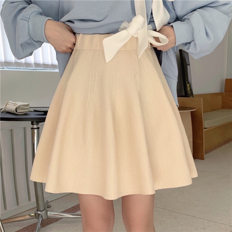 Váy thu đông áo sweater tiểu thư buộc nơ + chân váy cạp chun co giãn