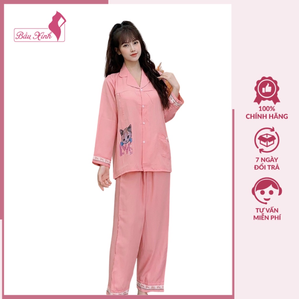 Đồ bầu mặc nhà - bộ sau sinh cho mẹ pizama có khóa ti chất đũi hình mèo DB24