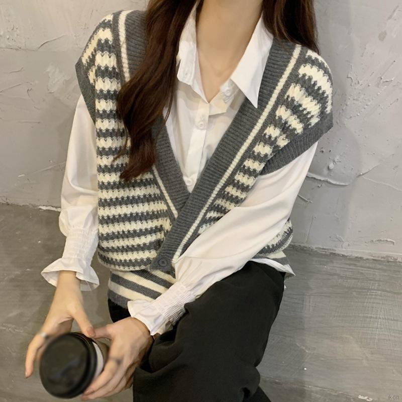 Áo len không tay họa tiết kẻ sọc phong cách retro Hàn Quốc cho nữ