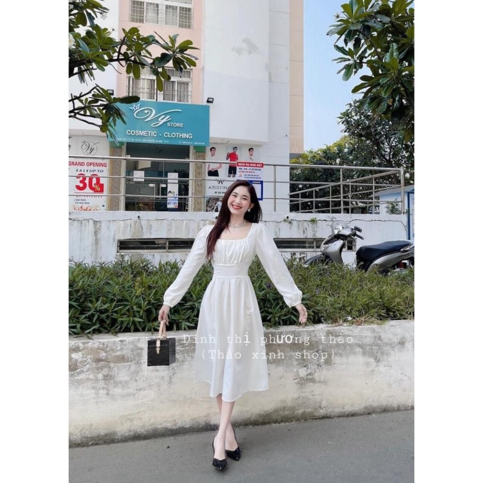 -  Váy Cổ Vuông Thắt Nơ Eo Dài Tay Màu Trắng - Đầm Nữ Cổ Vuông Nơ Lưng Tay Chun Dúm Ngực