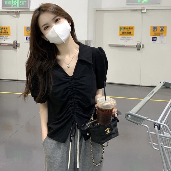 Áo Thun Tay Phồng Ngắn Cổ Chữ V Dáng Rộng Phối Dây Rút Thời Trang Mùa Hè Cho Nữ