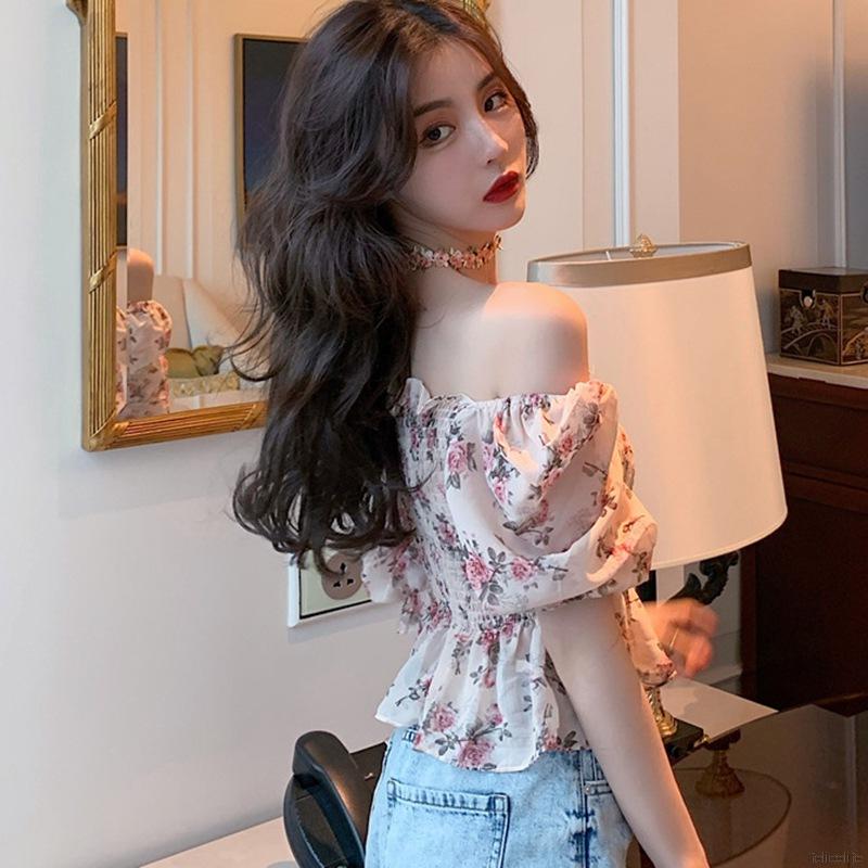 Áo voan croptop hoạ tiết hoa thiết kế trễ vai quyến rũ