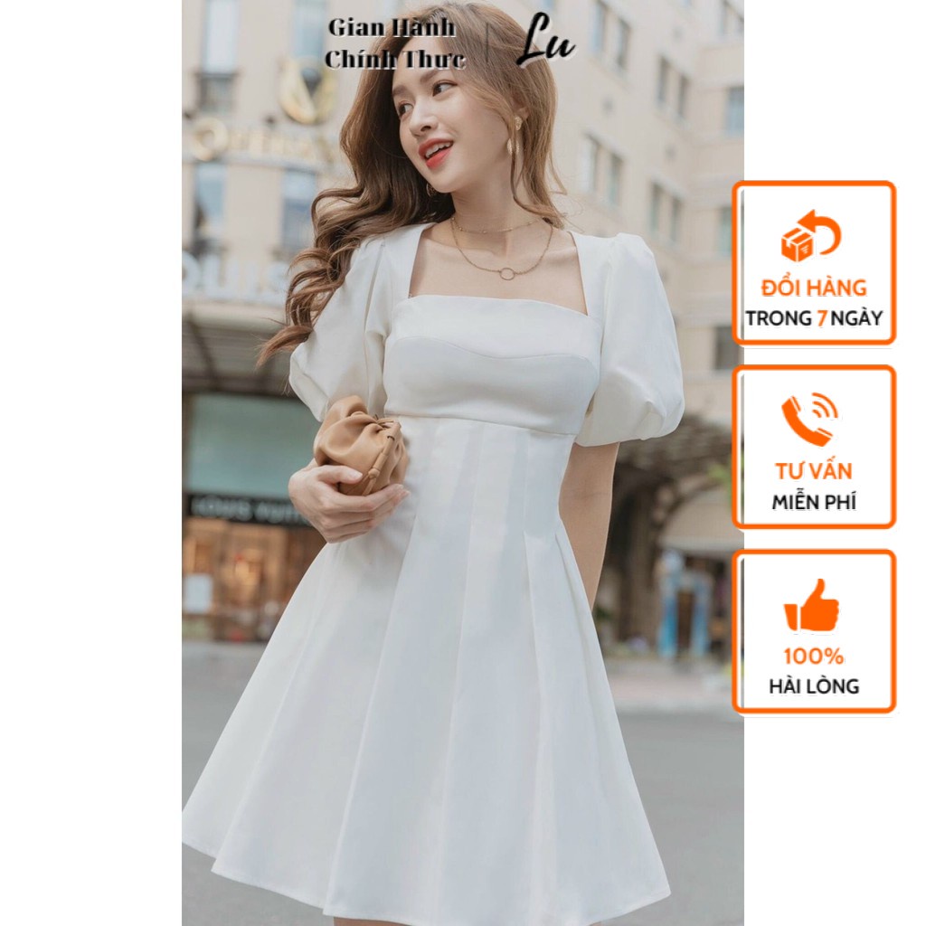 Váy Xếp Li Nữ LuShop Đầm Chữ A Tay Phồng Cổ Ngang May 2 Lớp hợp với Dự Tiệc Dạo Phố Đi Chơi Hàng Cao Cấp Giá Tốt