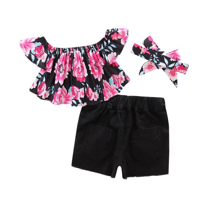Bộ áo trễ vai kèm băng đô đính nơ chất liệu cotton và quần short dễ thương cho bé gái