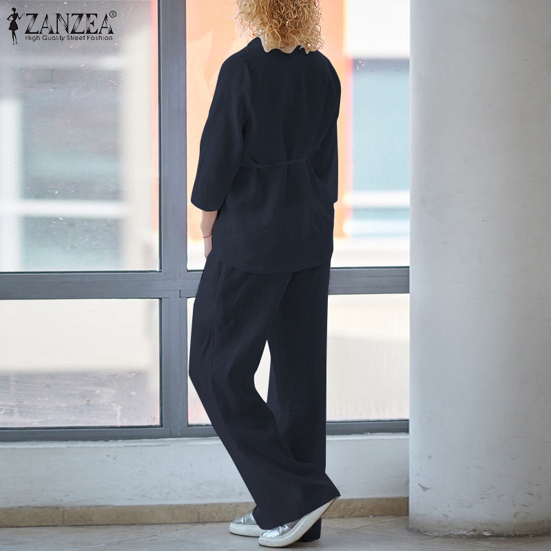 Set đồ 2 mảnh ZANZEA gồm áo tay 3/4 cổ chữ V kèm quần ống rộng lưng cao cho nữ