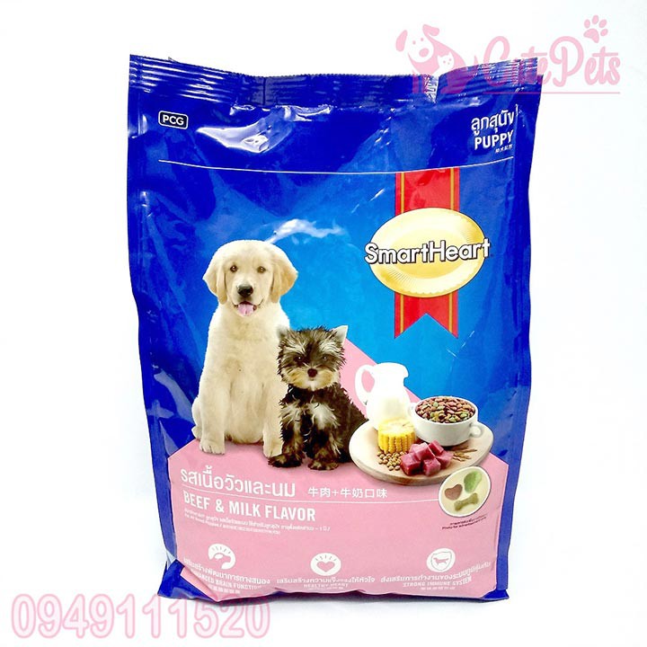 Thức ăn dành cho chó con Smart Heart Puppy Tải 8kg 20 gói 400g Vị thịt bò và sữa - CutePets