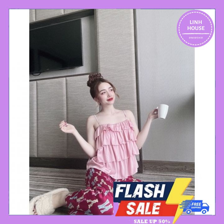 Set đồ ngủ quần dài họa tiết áo 2 dây bèo tầng trơn chất lụa Latin mềm mại S139 - Đồ ngủ cao cấp Vy Linh