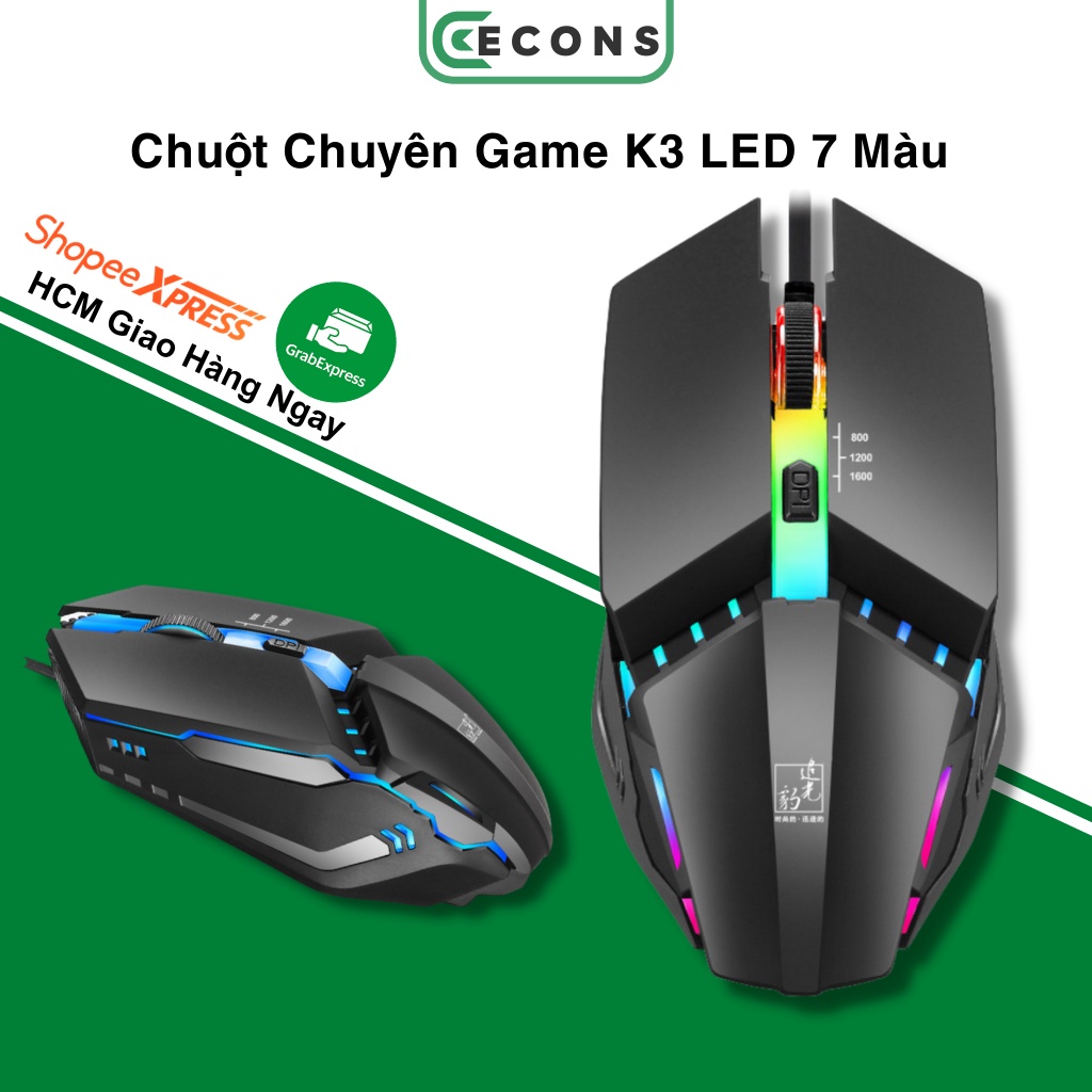 Chuột máy tính, chuột gaming K3 LED 7 màu DPI 1600 cực nhậy