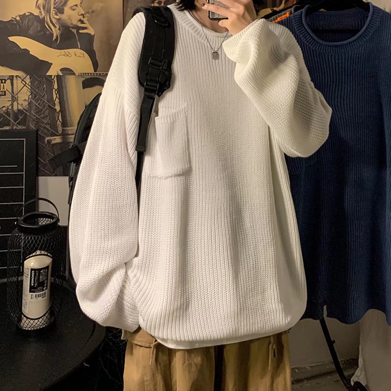 Áo Sweater Dệt Kim Tay Dài Dáng Rộng Phối Túi Màu Sắc Đơn Giản Phong Cách Nhật Bản Cho Nam Giới Có Size M-2XL