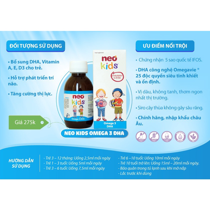 Neo Kids Omega 3 DHA 150ml - Hỗ trợ bổ sung DHA, vitamin cho trẻ phát triển toàn diện - Nhập khẩu Châu Âu - 150ml