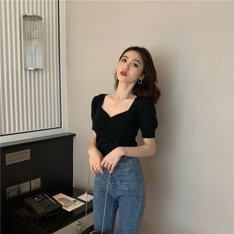 Áo Croptop ôm tay phồng cổ tim nữ tính phong cách ulzzang Hàn Quốc C46 - MaoMao