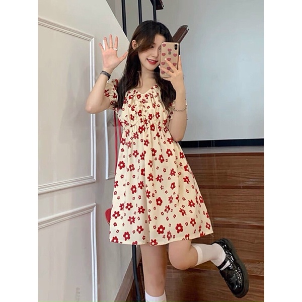 đầm fom ngắn bông lụa kiểu cổ v ngắn tay