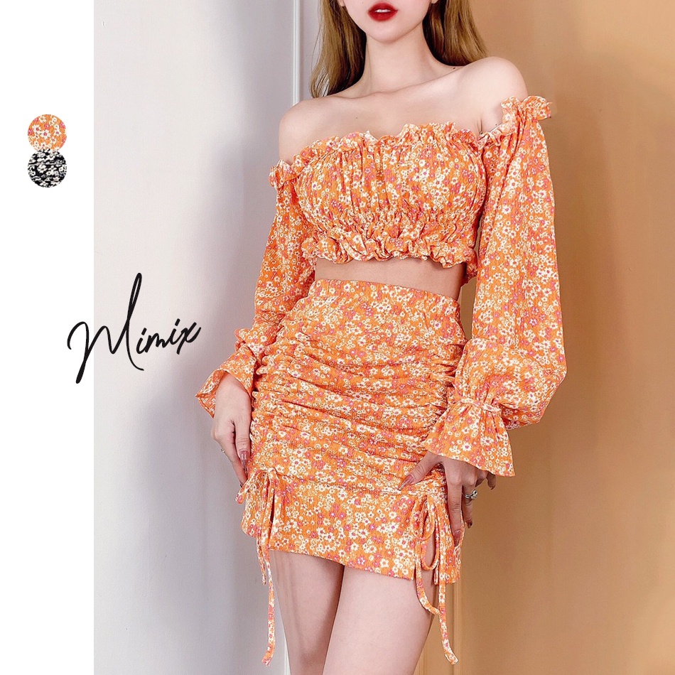 Set bộ rời áo croptop kèm chân váy rút dây hoa MIMIX BY9195
