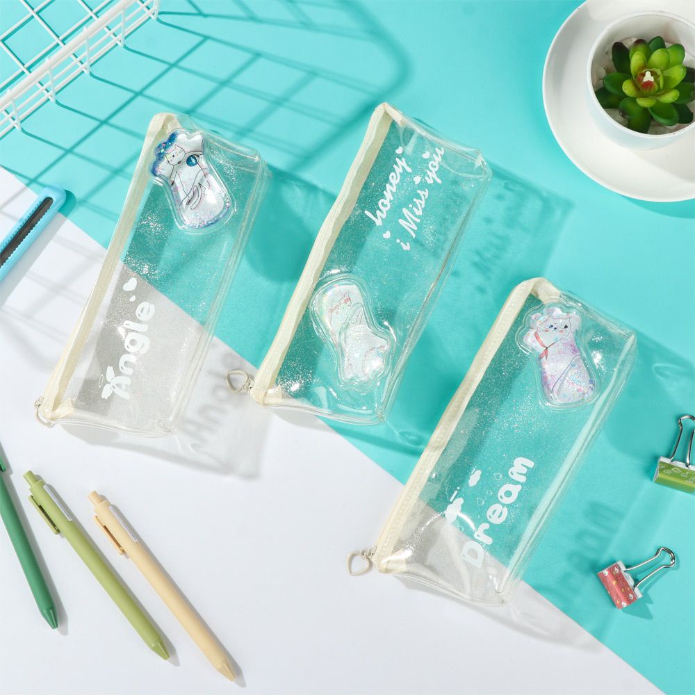 Túi đựng bút/ mỹ phẩm họa tiết hoạt hình phối kim tuyến nước màu trong suốt xinh xắn