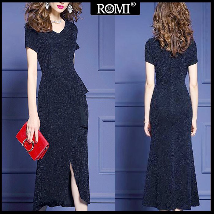 ROMI - ĐẦM ÔM TRUNG NIÊN KIỂU ĐẦM QUÝ BÀ DÁNG DÀI KIM TUYẾN CỔ TIM GỢN BÈO SANG TRỌNG ROMI 3322