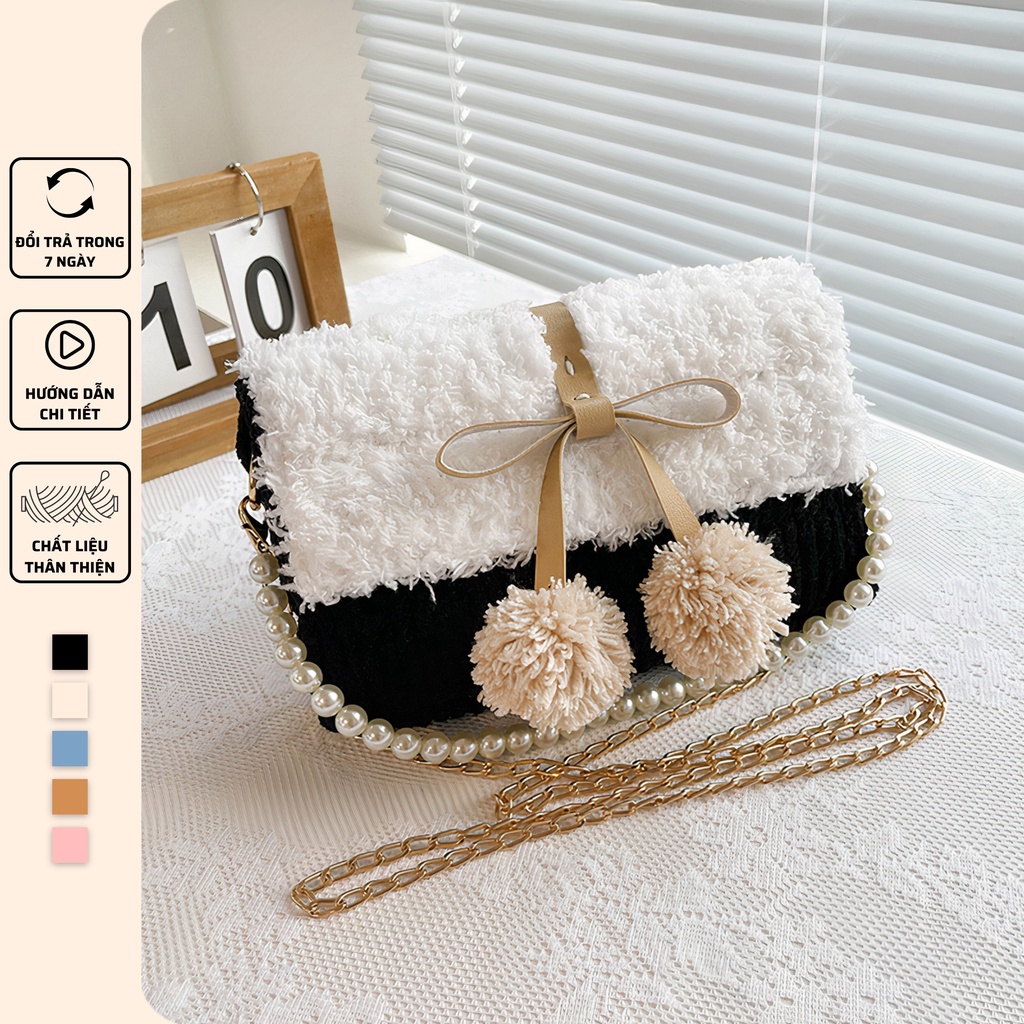 Túi len tự đan, túi đeo chéo pom pom thời trang Hàn Quốc - Bộ phụ kiện đầy đủ LX802