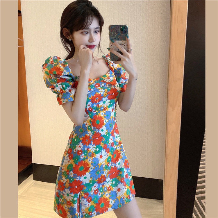 Đầm nữ họa tiết hoa xinh xắn thắt eo phong cách Mỹ thời trang